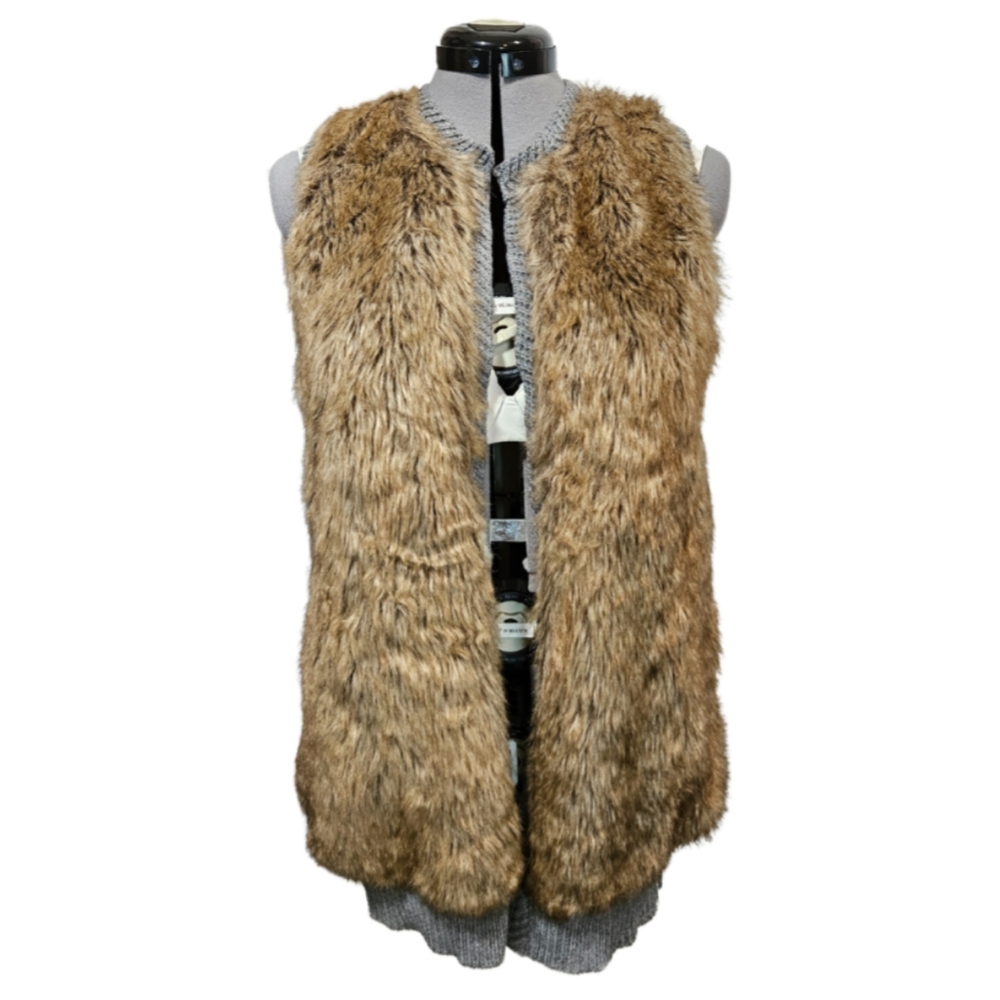 NY Collection Women's SIZE L Faux Fur Long Sweater Cardigan in Grey and Brown